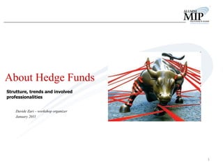 1 
About Hedge Funds 
Davide Zari – workshop organizer 
January 2011 
Strutture, trends and involved 
professionalities  