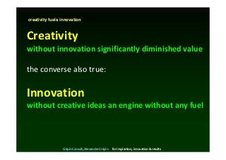creativity fuels innovation



Creativity
without innovation significantly diminished value

the converse also true:

Inno...