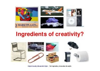 Ingredients of creativity?




    Crépin Consult, Alexander Crépin   for inspiration, innovation & results
 