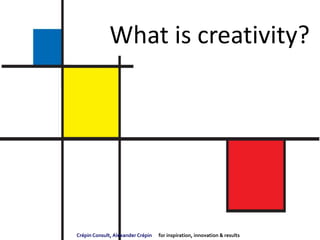 What is creativity?




Crépin Consult, Alexander Crépin   for inspiration, innovation & results
 
