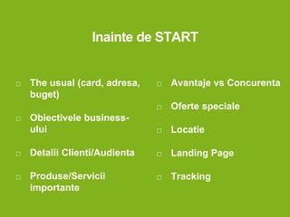Inainte de START
The usual (card, adresa,
buget)
Obiectivele business-
ului
Detalii Clienti/Audienta
Produse/Servicii
importante
Avantaje vs Concurenta
Oferte speciale
Locatie
Landing Page
Tracking
 