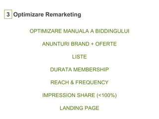 3 Optimizare Remarketing
OPTIMIZARE MANUALA A BIDDINGULUI
ANUNTURI BRAND + OFERTE
LISTE
DURATA MEMBERSHIP
REACH & FREQUENCY
IMPRESSION SHARE (<100%)
LANDING PAGE
 