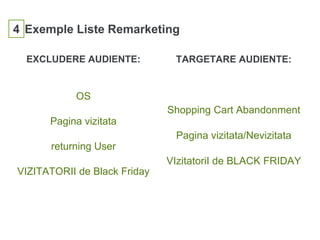 4 Exemple Liste Remarketing
EXCLUDERE AUDIENTE:
OS
Pagina vizitata
returning User
VIZITATORII de Black Friday
TARGETARE AUDIENTE:
Shopping Cart Abandonment
Pagina vizitata/Nevizitata
VIzitatoriI de BLACK FRIDAY
 