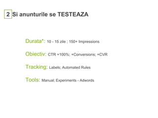 2 Si anunturile se TESTEAZA
Durata*: 10 - 15 zile ; 150+ Impressions
Obiectiv: CTR +100%; +Conversions; +CVR
Tracking: Labels; Automated Rules
Tools: Manual; Experiments - Adwords
 