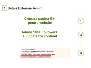 2
1
3
Aduna 100+ Followers
si updateaza continut
Creeaza pagina G+
pentru website
1 Setari Extensie Anunt
 