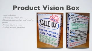 Product Vision Box
. Nome do Produto
. Gráﬁcos (Logo, Símbolo, etc)
. Três ou quatro pontos chave para “vender” o
produto
. Principais features no verso
. Principais requisitos operacionais
 