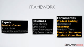 FRAMEWORK

                                                  Ferramentas
Papéis                     Reuniões               Product Backlog
                           Sprint Planning        Sprint Backlog
Product Owner
                           Sprint Review          Roadmap
Scrum Master
                           Sprint Retrospective   Burndown Charts
Time de Desenvolvimento
                           Daily Scrum meeting    Elevator Statement
                                                  Product Vision Box
 