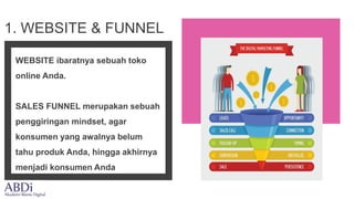 WEBSITE ibaratnya sebuah toko
online Anda.
SALES FUNNEL merupakan sebuah
penggiringan mindset, agar
konsumen yang awalnya belum
tahu produk Anda, hingga akhirnya
menjadi konsumen Anda
1. WEBSITE & FUNNEL
 