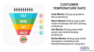 Cold Market (Orang yang belum
tahu produknya).
COSTUMER
TEMPERATURE RATE
Warm Market (Orang yang sudah
mulai mendengar dan tahu tentang
produknya).
Hot Market (Orang yang sudah
paham dan tertarik tentang
produknya).
Boiled Market (Orang yang sudah
merasakan manfaatnya dan
Mereferensikannya ke orang lain).
 