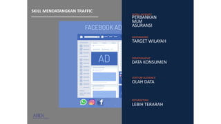 SKILL MENDATANGKAN TRAFFIC
DETAIL INTEREST
PERBANKAN
MLM
ASURANSI
GEOTAGGING
TARGET WILAYAH
DEMOGRAPHIC
DATA KONSUMEN
COSTUM AUDIENCE
OLAH DATA
RETARGETING
LEBIH TERARAH
 
