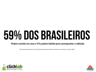 59% dos brasileirosPedem comida em casa e 75% pedem bebida para acompanhar a refeição
h"p://www.maisquereceitas.com.br/aprofundamento/novos-­‐habitos-­‐alimentares-­‐movimentam-­‐o-­‐mercad-­‐2805/	
  
 
