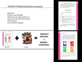 [TAPETE TIANGUIS][ Market Analysis] 
PRODUCT 
ANALYSIS 
+ 
MARKET 
STRATEGIES 
Objectives : 
•Create a new PERSONA 
•Define the user (age, gender,etc.) 
•Be familiar with new environments 
•Find new gaps 
•Find solution, strategies. 
ACTIVITY 
EXTRA 
 
