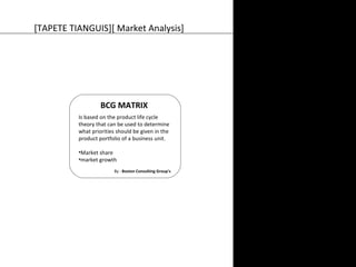 [TAPETE TIANGUIS][ Market Analysis] 
BCG MATRIX 
Is based on the product life cycle 
theory that can be used to determine 
what priorities should be given in the 
product portfolio of a business unit. 
•Market share 
•market growth 
By : Boston Consulting Group's 
 