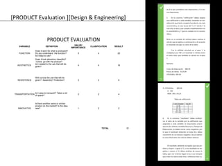 [PRODUCT Evaluation ][Design & Engineering] 
VARIABLE DEFINITION VALUE/ 
IMPORTANCE CLASIFICATION RESULT 
FUNCTION 
Does it work for what is produced? 
Do you understand the function? 
Is it easy to use? 
5 4 20 
AESTHETICS 
Does it look attractive, beautiful? 
Colors go with the product? 
Is it related to the use that will be 
given? 4 4 16 
RESISTENCE 
Will survive the use that will be 
given? Assembly? Protection? 3 3 9 
TRANSPORTATION Is it easy to transport? Takes a lot 
of space? 2 2 4 
INNOVATIVE 
Is there another same or similar 
product on the market? Is the idea 
new? 1 2 2 
TOTAL 51 
PRODUCT EVALUATION 
 