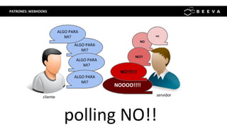 PATRONES: WEBHOOKS
polling NO!!
NO
NO!!
no
ALGO PARA
MI?
ALGO PARA
MI?
ALGO PARA
MI?
ALGO PARA
MI?
NOOOO!!!!
NO!!!!!!
cliente servidor
 