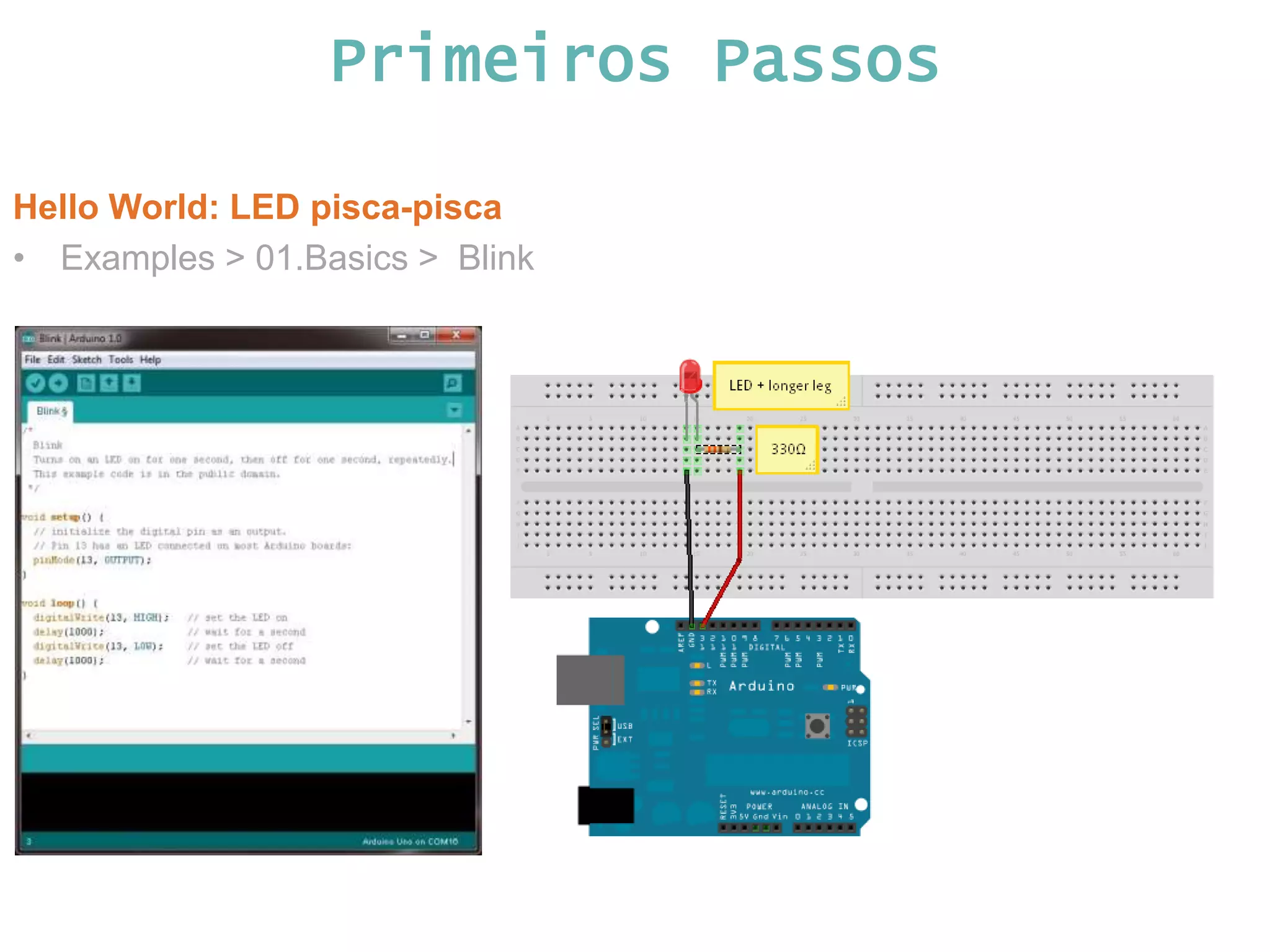 Primeiros Passos Hello World: LED pisca-pisca • Examples > 01.Basics > Blink 