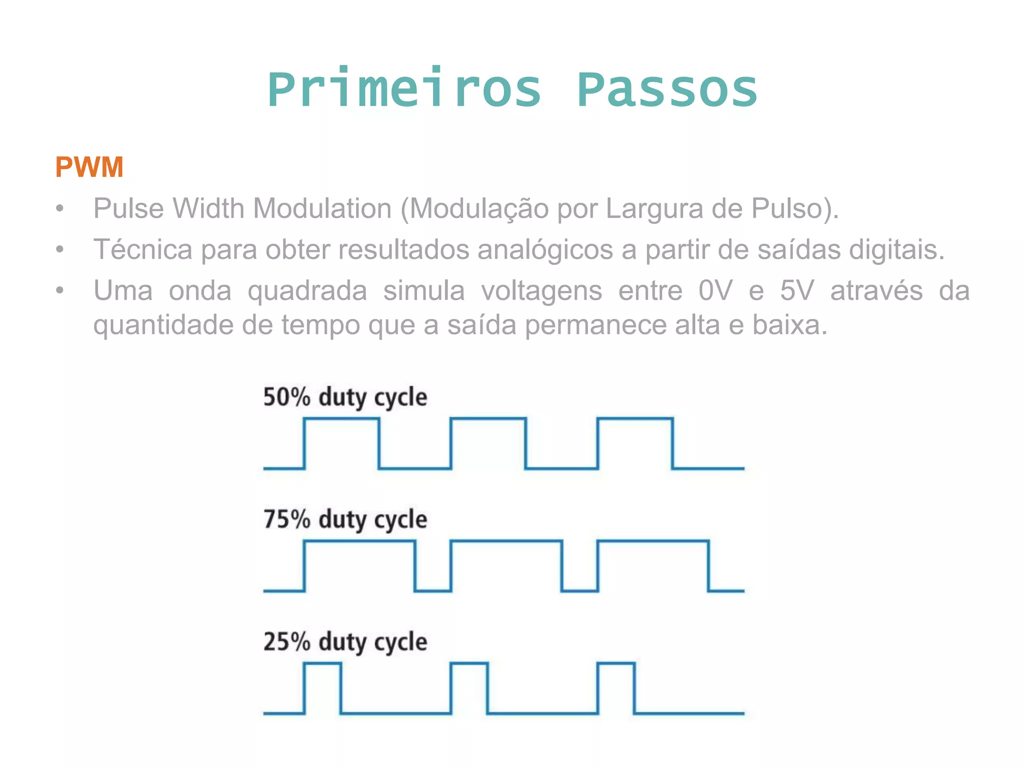 Primeiros Passos PWM • Pulse Width Modulation (Modulação por Largura de Pulso). • Técnica para obter resultados analógicos a partir de saídas digitais. • Uma onda quadrada simula voltagens entre 0V e 5V através da quantidade de tempo que a saída permanece alta e baixa. 