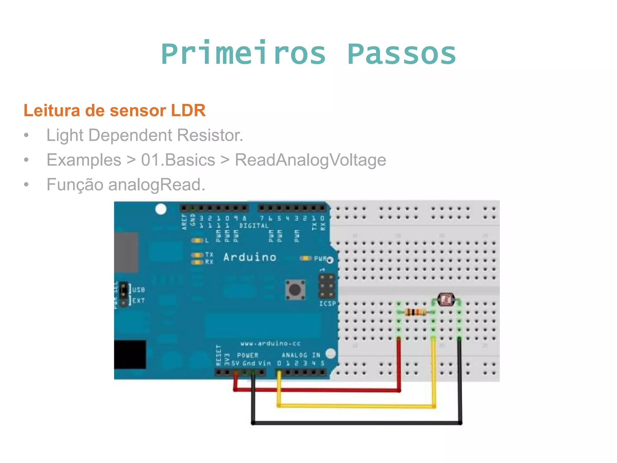 Primeiros Passos Leitura de sensor LDR • Light Dependent Resistor. • Examples > 01.Basics > ReadAnalogVoltage • Função analogRead. 