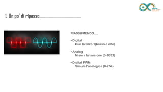 1. Un po’ di
ripasso...................................................................
........
RIASSUMENDO….
• Digital
Due livelli 0-1(basso e alto)
• Analog
Misura la tensione (0-1023)
• Digital PWM
Simula l’analogica (0-254)
 