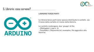 5. Librerie: cosa
servono?...............................................................
............
LIBRERIE TERZE PARTI
Le librerie terze parti sono spesso distribuite in cartelle .zip
Il nome della cartella è il nome della libreria.
Le cartelle contengono due ‘gruppi’ di file:
- Obbligatori (.cpp e .h)
- Facoltativi ( Keywords.txt, examples, file aggiuntivi alla libreria)
 