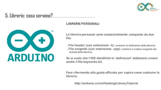 5. Librerie: cosa
servono?...............................................................
............
LIBRERIE PERSONALI
Le librerie personali sono sostanzialmente composte da due file:
. File header (con estensione .h): contiene le definizioni della libreria.
. File sorgente (con estensione .cpp): contiene il codice sorgente dei
metodi della libreria.
Se si vuole che l’IDE identifichi le ‘definizioni’ dobbiamo creare anche il file
keyworks.txt.
Fare riferimento alla guida ufficiale per capire come costruire le librerie.
http://arduino.cc/en/Hacking/LibraryTutorial
 