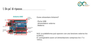 1. Un po’ di
ripasso...................................................................
........
Come alimentare Arduino?
. Porta USB
. Alimentatore esterno
. Batteria
N.B. La piattaforma può operare con una tensione esterna tra 6-20Vcc.
E’ consigliabile usare un’alimentazione compresa tra i 7 e 12Vcc.
 