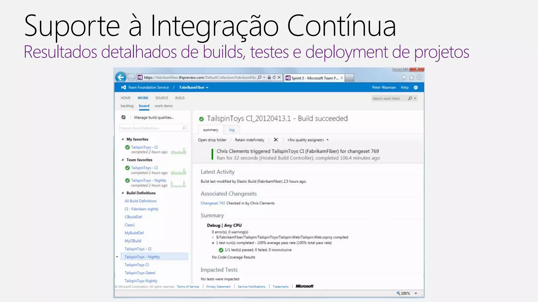 Resultados detalhados de builds, testes e deployment de projetos 