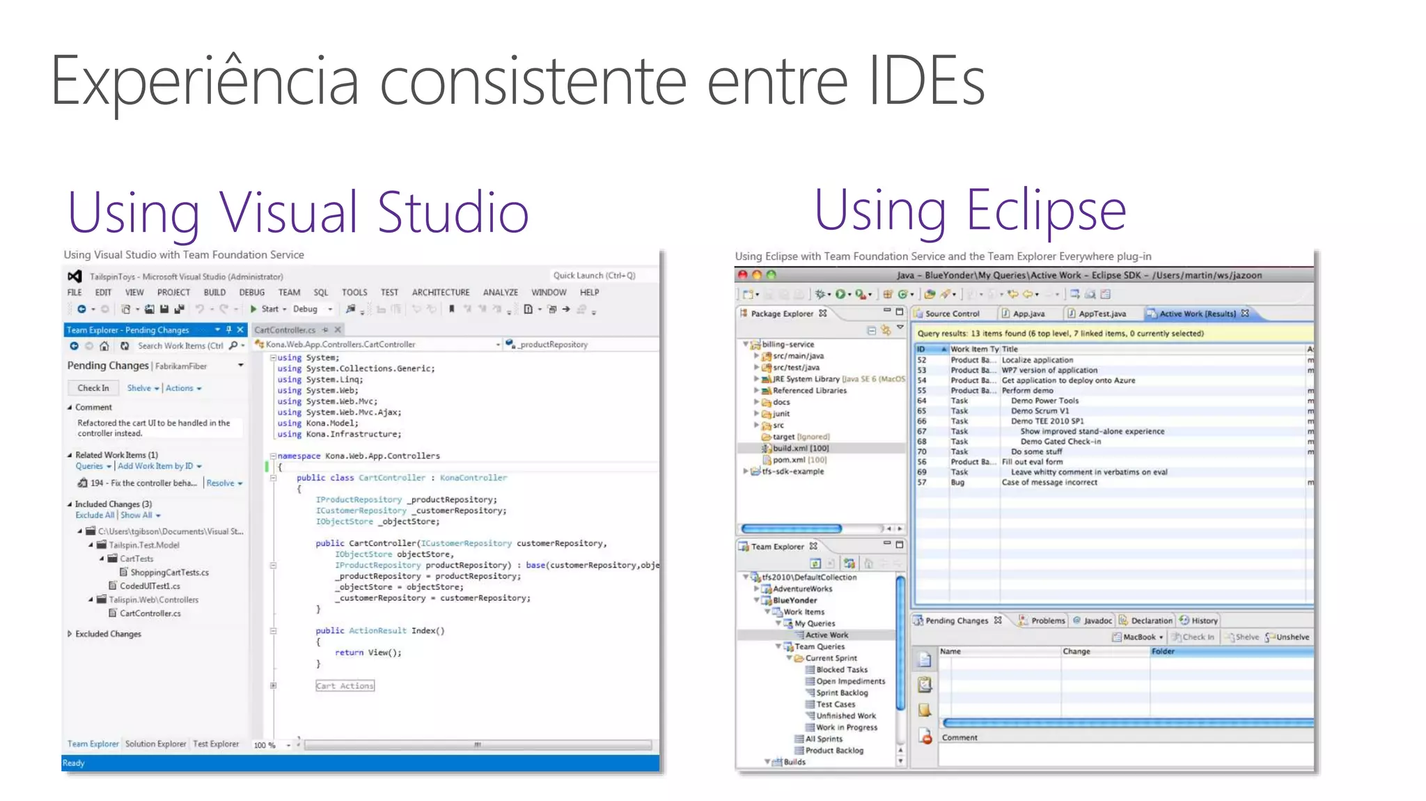 Experiência consistente entre IDEs Using Visual Studio Using Eclipse 