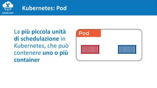Kubernetes: Pod
La più piccola unità
di schedulazione in
Kubernetes, che può
contenere uno o più
container
 