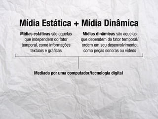 Mídias estáticas são aquelas
que independem do fator
temporal, como informações
textuais e gráﬁcas
Mídias dinâmicas são aquelas
que dependem do fator temporal/
ordem em seu desenvolvimento,
como peças sonoras ou vídeos
Mídia Estática + Mídia Dinâmica
Mediada por uma computador/tecnologia digital
 