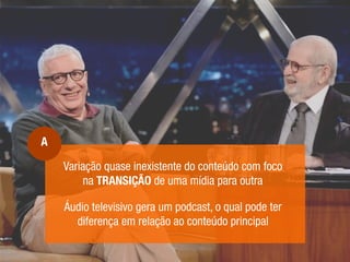 Variação quase inexistente do conteúdo com foco
na TRANSIÇÃO de uma mídia para outra
Áudio televisivo gera um podcast, o qual pode ter
diferença em relação ao conteúdo principal
A
 