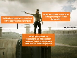 Games que apostam em
personagens que não aparecem
no seriado, mas que sobrevivem e
criam ecos na narrativas principal
The Walking Dead
Webisodes que contam a história de
outros sobreviventes: Torn Apart
Livros que contam a história de
outros personagens, como o
Governador
 