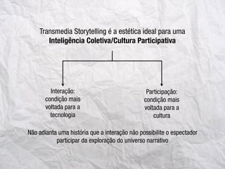 Transmedia Storytelling é a estética ideal para uma
Inteligência Coletiva/Cultura Participativa
Não adianta uma história que a interação não possibilite o espectador
participar da exploração do universo narrativo
Interação:
condição mais
voltada para a
tecnologia
Participação:
condição mais
voltada para a
cultura
 