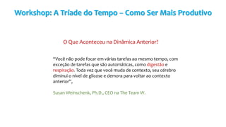 Workshop: A Tríade do Tempo – Como Ser Mais Produtivo
“Você não pode focar em várias tarefas ao mesmo tempo, com
exceção de tarefas que são automáticas, como digestão e
respiração. Toda vez que você muda de contexto, seu cérebro
diminui o nível de glicose e demora para voltar ao contexto
anterior”,
Susan Weinschenk, Ph.D., CEO na The Team W.
O Que Aconteceu na Dinâmica Anterior?
 