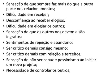 • Sensação de que sempre faz mais do que a outra
parte nos relacionamentos;
• Dificuldade em receber;
• Desconfiança ao receber elogios;
• Dificuldade em elogiar os outros;
• Sensação de que os outros nos devem e são
ingratos;
• Sentimentos de rejeição e abandono;
• Ser crítico demais consigo mesmo;
• Ser crítico demais com relação a terceiros;
• Sensação de não ser capaz e pessimismo ao iniciar
um novo projeto;
• Necessidade de controlar os outros;
 