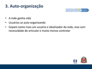 2. Articulaçãod) Capacitação de funcionáriosGeral:Gostei muito do curso, foi muito produtivo!Muito interessante e suficiente para acordarpara a possível utilização de tais instrumentosPenso que a partir deste start, possoavançar sozinho (e isto é o que importa). Conteúdo:O passo a passo de como abrir conta nas redes é muito legal. Exercitar a parte prática com mais calma, pois nem todo mundo tem familiaridade com as ferramentas. Saber o alcance das redes é muito útil, assim como o que deve ser postado para não causar encrencas. O curso poderia conter explicações e exercícios sobre uso prático de ferramentas de web 2.0, como a montagem de blogs mais sofisticados e incorporação de programas externos. Forma:Estamos precisando desse momento! Poderia ser um pouco mais longo. Conteúdo muito extenso para apenas um dia, em função do nível de conhecimento da turma e dos objetivos do curso. As explicações foram muito detalhadas, para um nível considerado básico. Demanda:Dar continuidade aos treinamentos nessa áreaEstamos precisando desse momento! Espero que outros funcionários da Casa tenham interesse e se capacitem.3. Auto-organização2. Articulação1. Estruturação da redeFormulários respondidos: 24/06: https://spreadsheets2.google.com/ccc?key=t5Hjt6wIJ-jWczdWoBNCR5Q&authkey=CNfQqfUO&hl=pt_BR#gid=030/06: https://spreadsheets0.google.com/ccc?key=tUm_0Acgs7qTAsi0eaydmcg&hl=pt_BR#gid=001/07: https://spreadsheets1.google.com/ccc?key=tj8KElXhhTuvC5w5cckevUw&hl=pt_BR#gid=007/07: https://spreadsheets.google.com/ccc?key=0AlIMTpSaaixDdEpsRXpRV3FHTHJjRDg4S0hocmFnblE&hl=pt_BR#gid=0