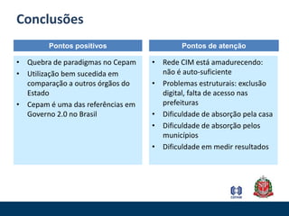 3. Auto-organizaçãoA rede ganha vidaUsuários se auto-organizandoCepam como mais um usuário e idealizador da rede, mas sem necessidade de articular e muito menos controlar3. Auto-organização2. Articulação1. Estruturação da rede