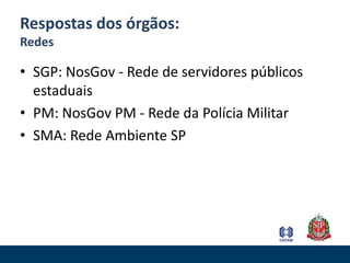 Respostas dos órgãos:RedesSGP: NosGov - Rede de servidores públicos estaduaisPM: NosGov PM - Rede da Polícia MilitarSMA: Rede Ambiente SP 