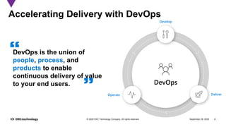 September 28, 2020 4© 2020 DXC Technology Company. All rights reserved.
Accelerating Delivery with DevOps
DevOps is the union of
people, process, and
products to enable
continuous delivery of value
to your end users.
“
”
 