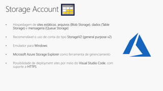 Storage Account
• Hospedagem de sites estáticos, arquivos (Blob Storage), dados (Table
Storage) e mensageria (Queue Storage)
• Recomendável o uso de conta do tipo StorageV2 (general purpose v2)
• Emulador para Windows
• Microsoft Azure Storage Explorer como ferramenta de gerenciamento
• Possibilidade de deployment sites por meio do Visual Studio Code, com
suporte a HTTPS
 