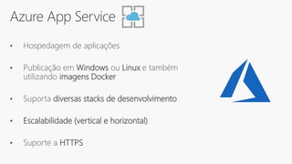 Azure App Service
• Hospedagem de aplicações
• Publicação em Windows ou Linux e também
utilizando imagens Docker
• Suporta diversas stacks de desenvolvimento
• Escalabilidade (vertical e horizontal)
• Suporte a HTTPS
 