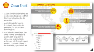 • Audit e monitoramento de
comunidades para a Shell
Upstream (extração de
petroleo)
• A atividade tem uma
função totalmente de
prevenção e também
estratégica;
• Através dos relatórios, de
uma forma otimizada e
gerencial, foi possível
detectar os principais
estímulos e influenciadores
para a conversação e a
real ameaça para a Shell.
Case Shell
 