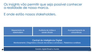Os insights vão permitir que seja possível conhecer
a realidade de nossa marca.
E onde estão nossos stakeholders.
Mapeamento de
stakeholders
Auditoria de mídias e
canais oficiais
Acompanhamento da
concorrência
Central de inteligência Digital
Monitoramento | Diagnóstico | Estudo dos temas e conversas | Relatórios e análises
Cenário digital Brasil e mundo
 