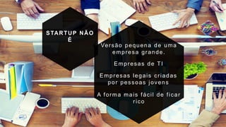 Versão pequena de uma
empresa grande.
Empresas de TI
A forma mais fácil de ficar
rico
STARTUP NÃO
É
Empresas legais criadas
por pessoas jovens
 