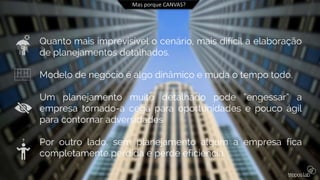 Mas porque CANVAS?
Quanto mais imprevisível o cenário, mais difícil a elaboração
de planejamentos detalhados.
Modelo de negócio é algo dinâmico e muda o tempo todo.
Um planejamento muito detalhado pode “engessar” a
empresa tornado-a cega para oportunidades e pouco ágil
para contornar adversidades
Por outro lado, sem planejamento algum a empresa fica
completamente perdida e perde eficiência.
 