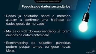 Tipos de testes de hipóteses
• Dados já coletados sobre o mercado
ajudam a confirmar uma hipótese de
dados gerais do mercado
• Muitas dúvida do empreendedor já foram
dúvidas de outros antes dele.
• Benchmarking de soluções parecidas
podem poupar tempo ou gerar novas
idéias.
Pesquisa de dados secundários
 
