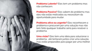 Problema Latente? Eles tem um problema mas
não conhecem.
Problema Passivo? Eles sabem do problema mas
eles não estão motivados ou necessitam da
oportunidade para mudar.
Problema ativo ou urgente? Eles reconhecem o
problema e procuram por uma solução mas não
tem feito qualquer trabalho sério para resolver o
problema.
Uma visão? Eles tem uma ideia para solucionar o
problema, até tentaram juntos criar uma solução,
mas estão preparados para pagar por uma melhor.
 