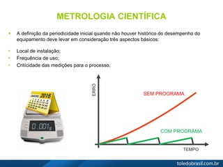 METROLOGIA CIENTÍFICA
 A definição da periodicidade inicial quando não houver histórico do desempenho do
equipamento deve levar em consideração três aspectos básicos:
• Local de instalação;
• Frequência de uso;
• Critícidade das medições para o processo.
COM PROGRAMA
SEM PROGRAMAERRO
TEMPO
 