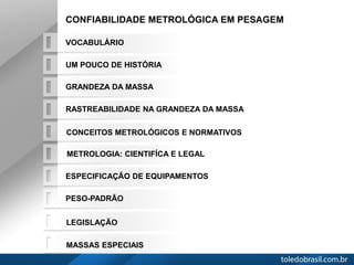 UM POUCO DE HISTÓRIA
GRANDEZA DA MASSA
RASTREABILIDADE NA GRANDEZA DA MASSA
CONFIABILIDADE METROLÓGICA EM PESAGEM
METROLOGIA: CIENTIFÍCA E LEGAL
ESPECIFICAÇÃO DE EQUIPAMENTOS
PESO-PADRÃO
LEGISLAÇÃO
MASSAS ESPECIAIS
CONCEITOS METROLÓGICOS E NORMATIVOS
VOCABULÁRIO
 