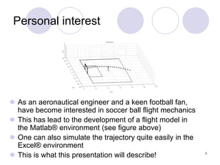 3
Personal interest
 As an aeronautical engineer and a keen football fan,
have become interested in soccer ball flight me...